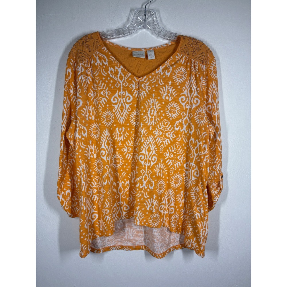 Chicos‎ Orange White Pattern Beaded Embroidered V Neck 3/4 Sleeve Top 2 Large